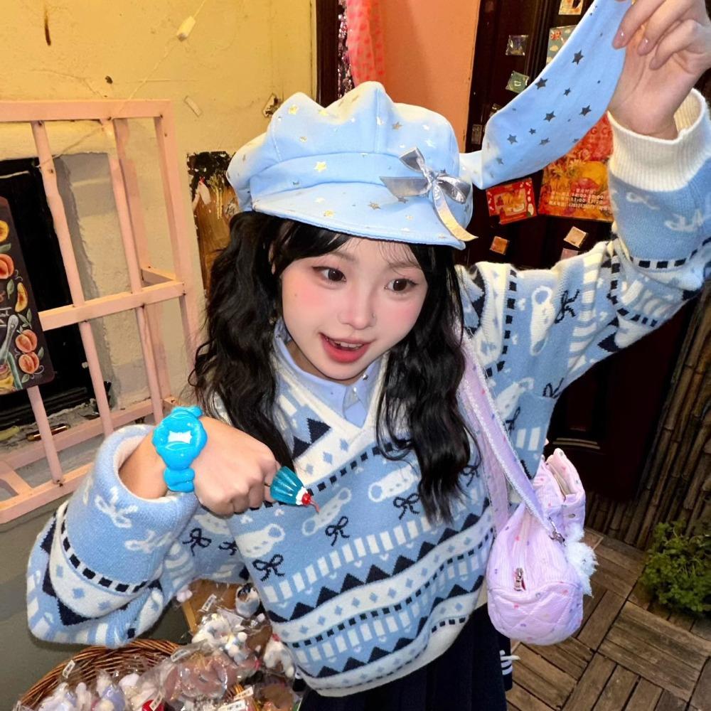 Cotton Silver Star Bowknot Cap Y2K Bunny Ears Berets Cap Versatile Detachable Rabbit Ears Hat  Girl