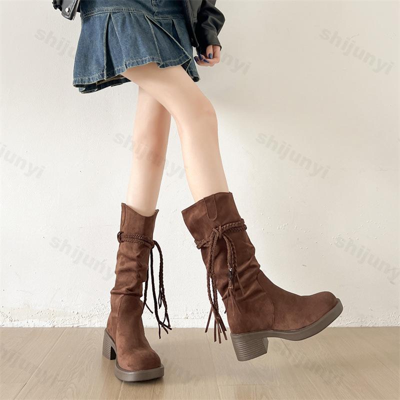 Damenstiefel Herbst 2026 Neu Runde Spitze Wildleder Leder Rutschfest Mode Retro Lange Stiefel Dicker Absatz Mittlerer Schaft Stiefel Botas Mujer