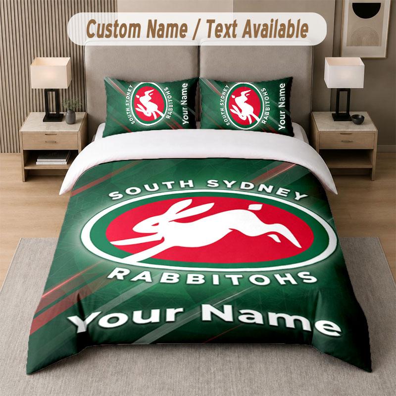 Custom Bedding Set South Sydney Rabbitohs Pattern, Print Name Text 1 Duvet Cover Plus 2 Pillowcases Home Textile