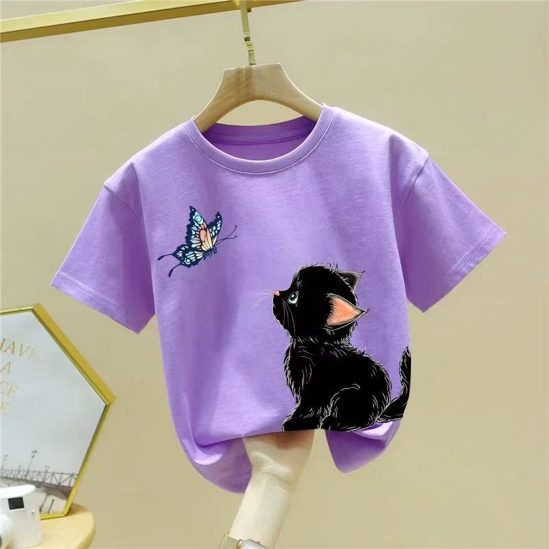 Summer Kids Cotton Short Sleeve T Shirt Cute Cat Print Boys Girls Half Sleeve Top
