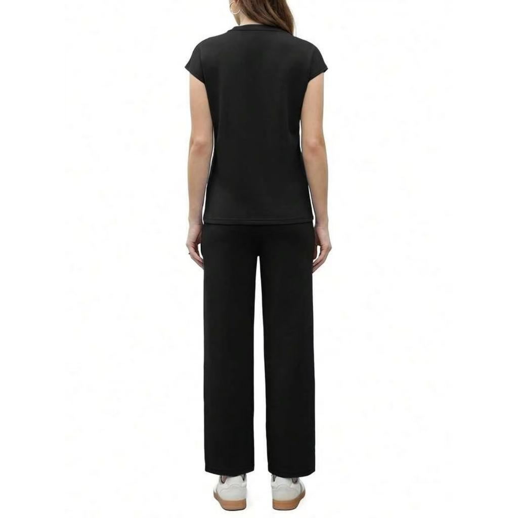 Fashion Women's Spring And Summer Short Sleeved V-neck Top Loose Wide Leg Pants Set