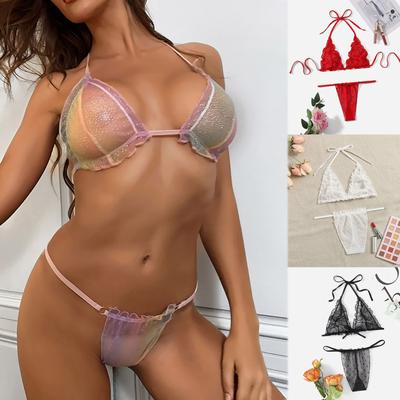 Sexy Dessous für Damen, mehrfarbig, Pailletten, Tüll, Dreipunkt-Krawatte, Pyjama, zweiteiliges Unterwäsche-Set