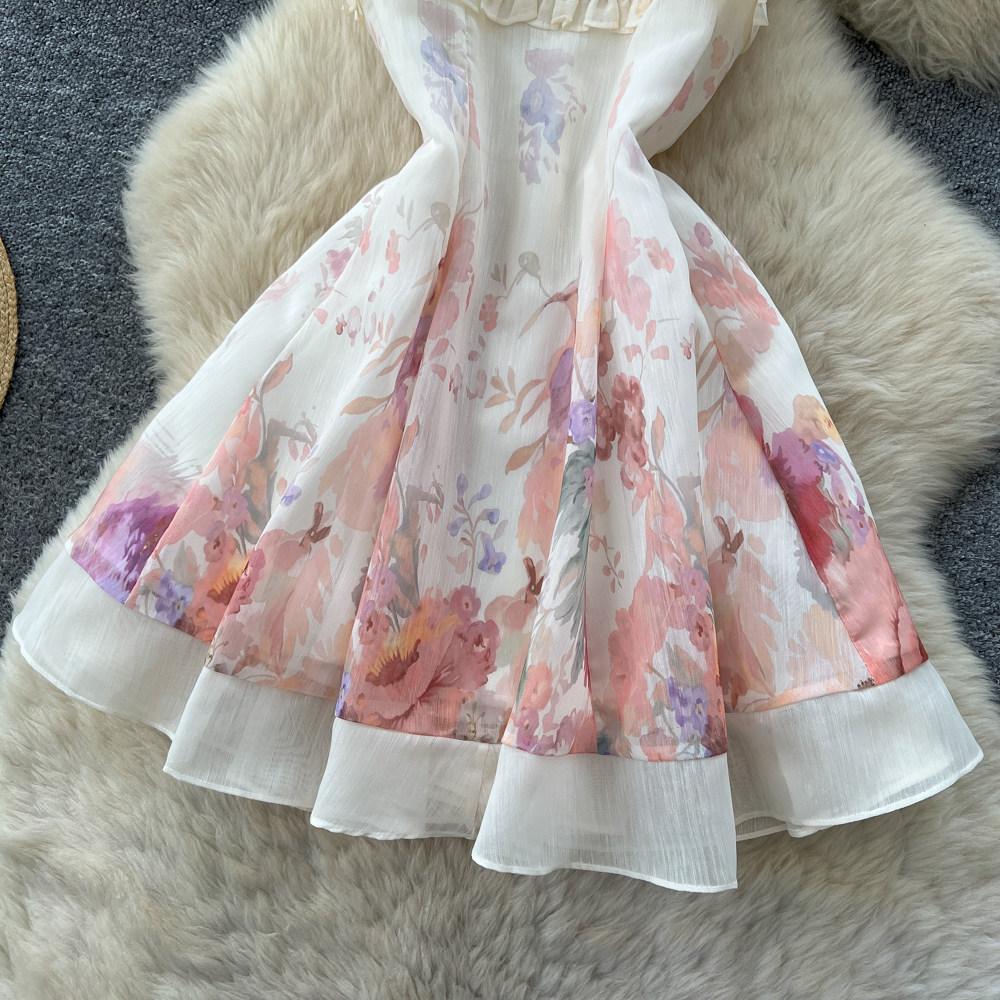 French Holiday Style Sleeveless Suspender Floral Dress Women's Summer High Waist Thin Gentle Sweet Temperament Short Skirt