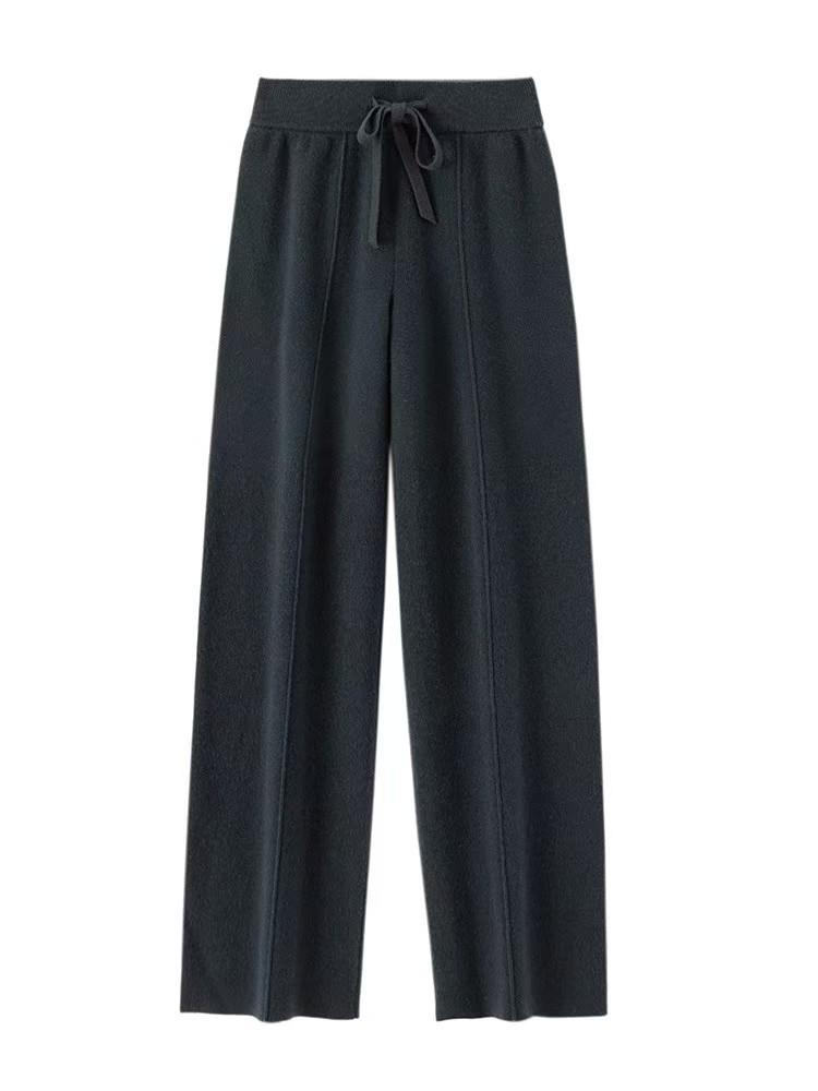 Women's High Waist Wool Wide Leg Pants - Autumn/Winter Casual Floor-Length Knitted Trousers