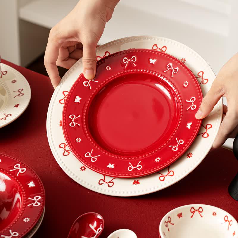 OIMG Red Bowknot Ceramic Fish Plate