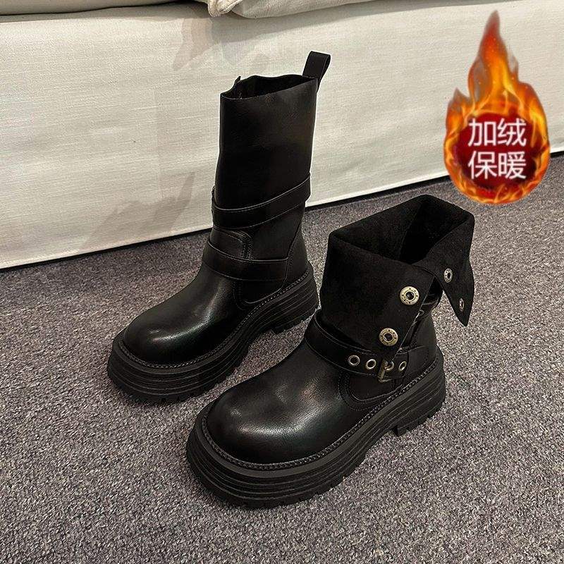 Boots Women's 2025 Autumn and Winter New Two Wear Fold But Knee High Martin Boots British Skinny Motorcycle Boots
