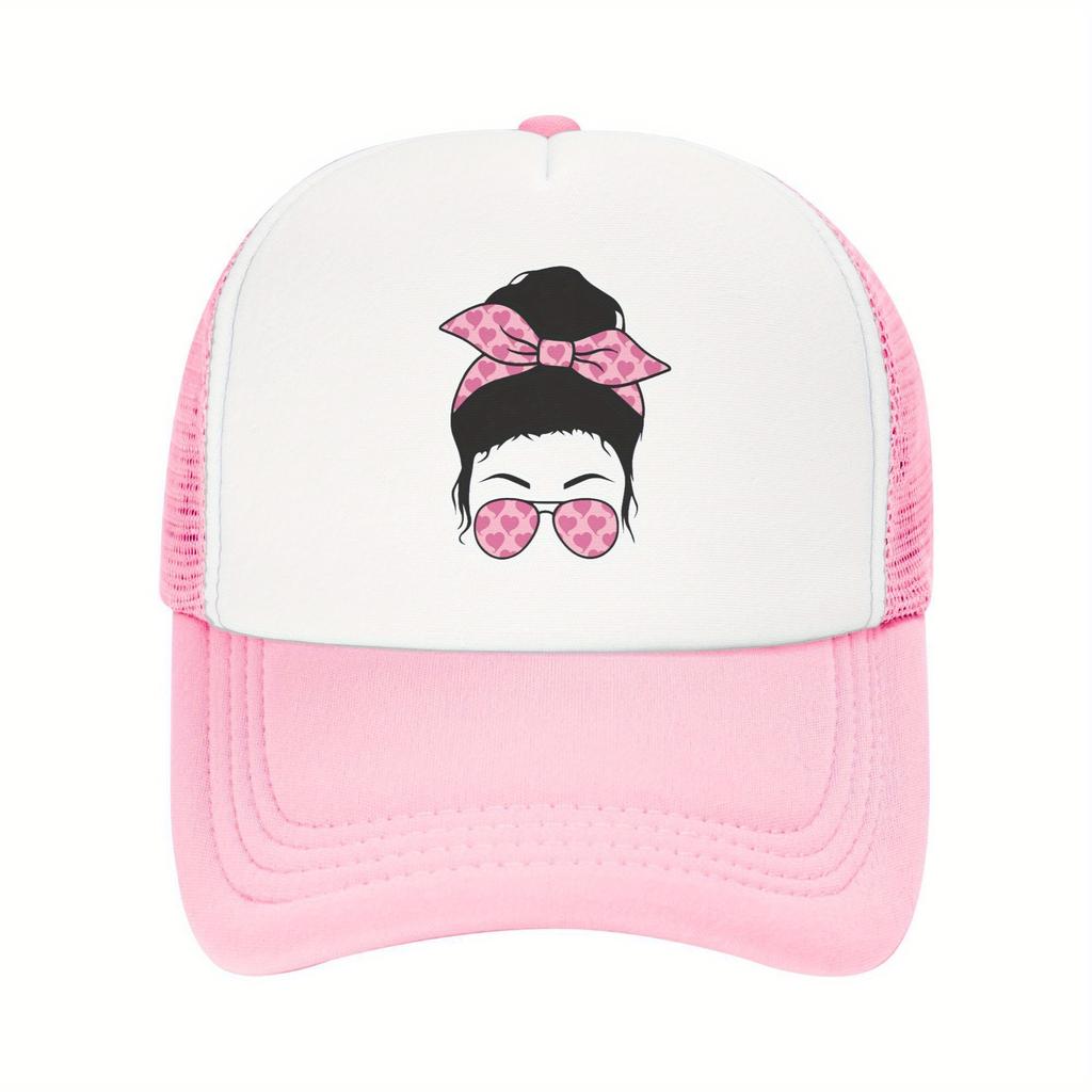 Pink Heart Messy Bun Trucker Hat Valentines Day Adjustable Mesh Baseball Cap Casual