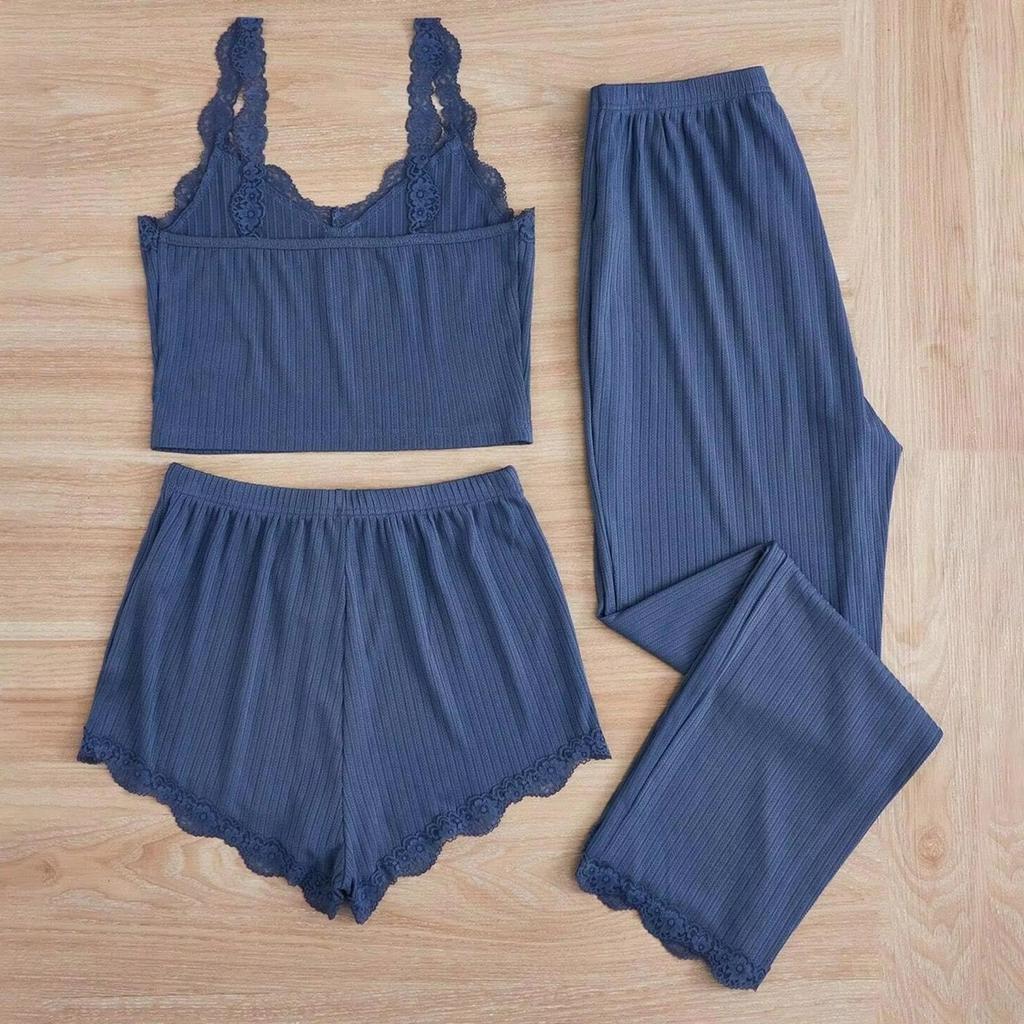 Women's Summer 3PCS Pajama Sets Solid Vest Shorts and Pants Paired with Lace Splicing for Homewear Sexy Sleepwear Sets