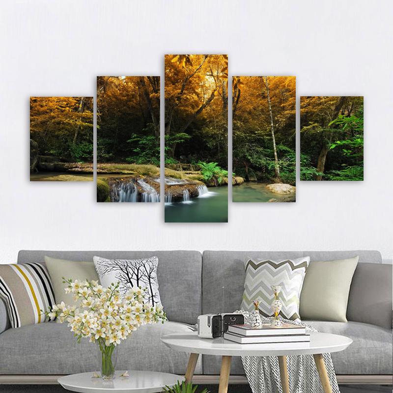 5 Panels Landscape Waterfall Posters and Prints Canvas Painting Wall Art Pictures Living Room Home Decor Lake Tree No Frame