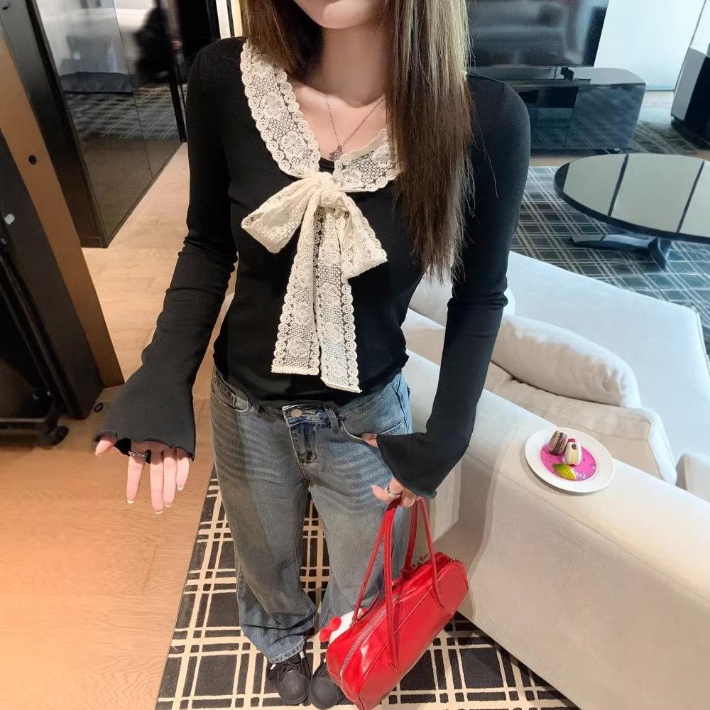 Women's Slim Fit Lace Bow Long Sleeve T-Shirt - New Autumn/Winter 2026 Chic