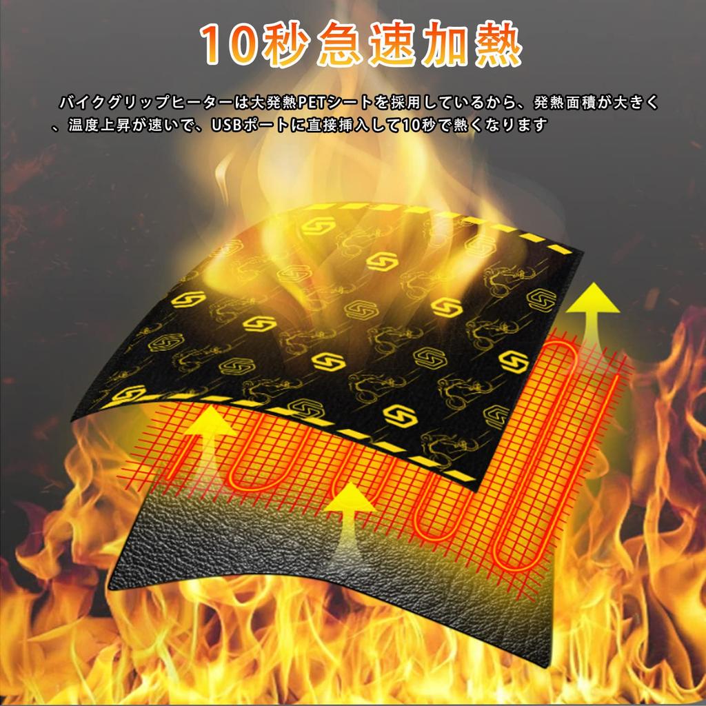 Grip Heater for Motorcycles, Handle Heater, USB, Memory Function, Velcro, 6 Step Temperature Adjustment,