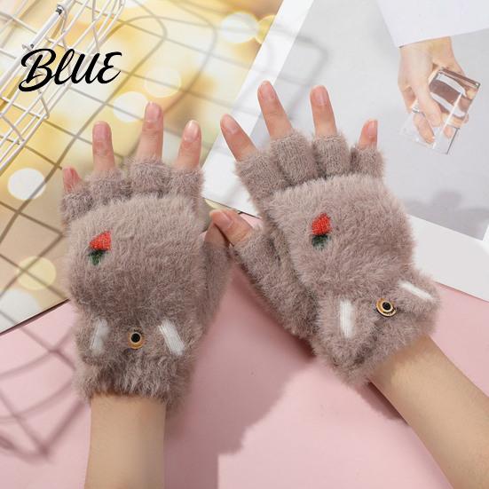 Fingerless Gloves with Flap Cover Furry Cat Paw Thermal Gloves Flip Top Mitten Button for Women Winter Cozy Outdoor Cold Weather Plush Half