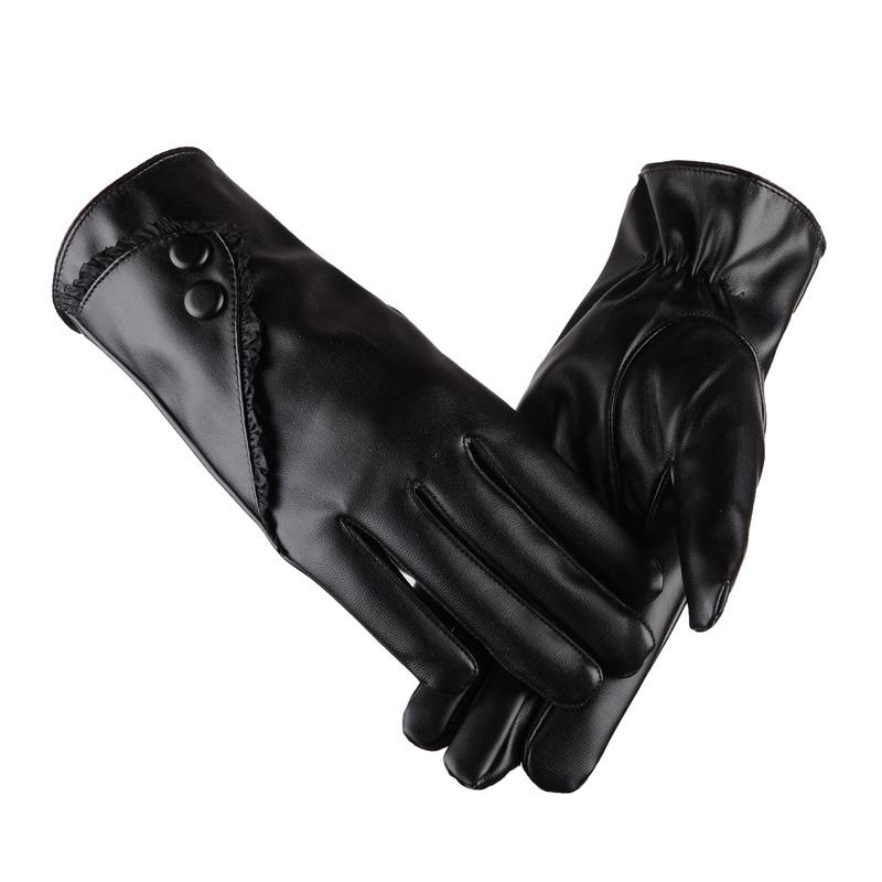 Winter Warmth Plus Velvet Short Thin Touch Screen Driving Women Leather Gloves