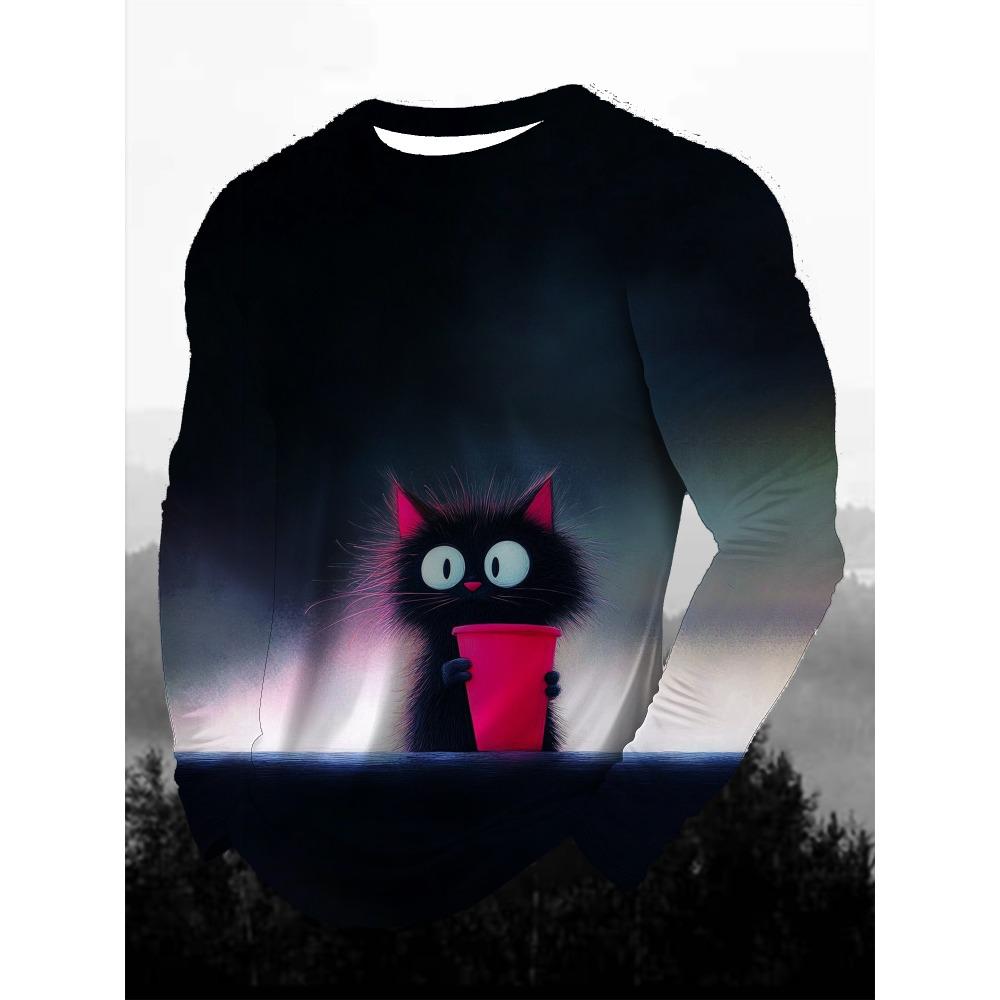 Funny Animal Design Retro Men 3D Printing Street Casual Daily Gray Long Sleeved Round Neck Shirt Spring And Autumn Clothing