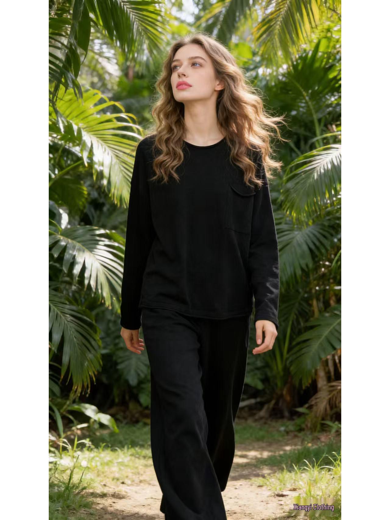 

European & American Style Knit Women s Set: Round Neck Top with Pocket & Loose Wide-Leg Pants One Size чёрный