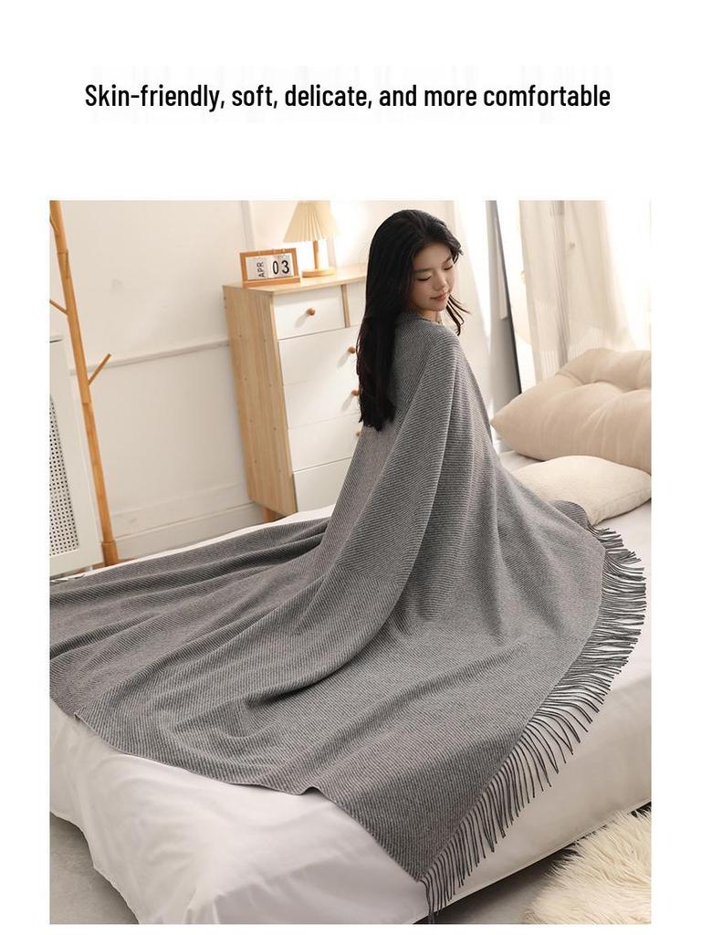 Pure Wool Tassel Shawl & Blanket - Thick, Warm, Skin-Friendly, Two-in-One Air Conditioning Blanket