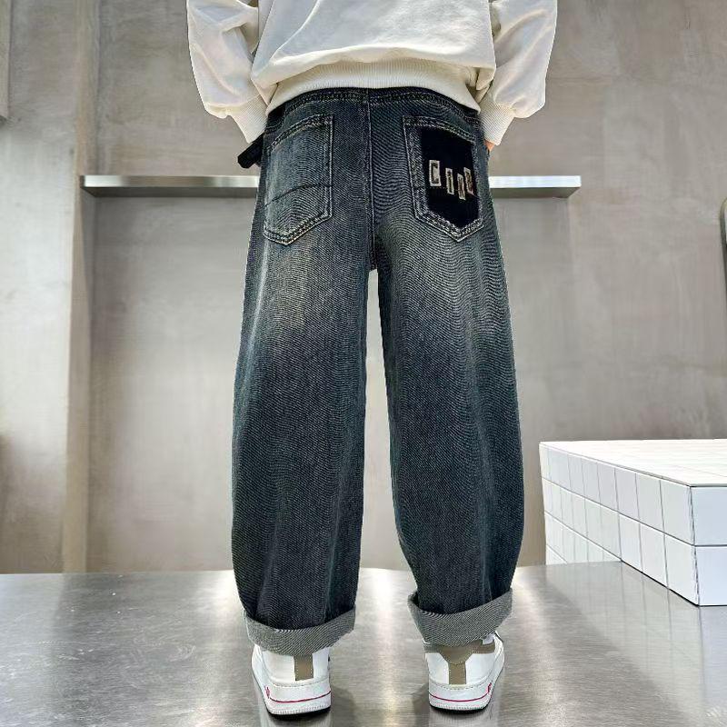 Spring/Autumn Loose-Fit Jeans for Boys, Ages 7-14, Children's Casual Long Pants.