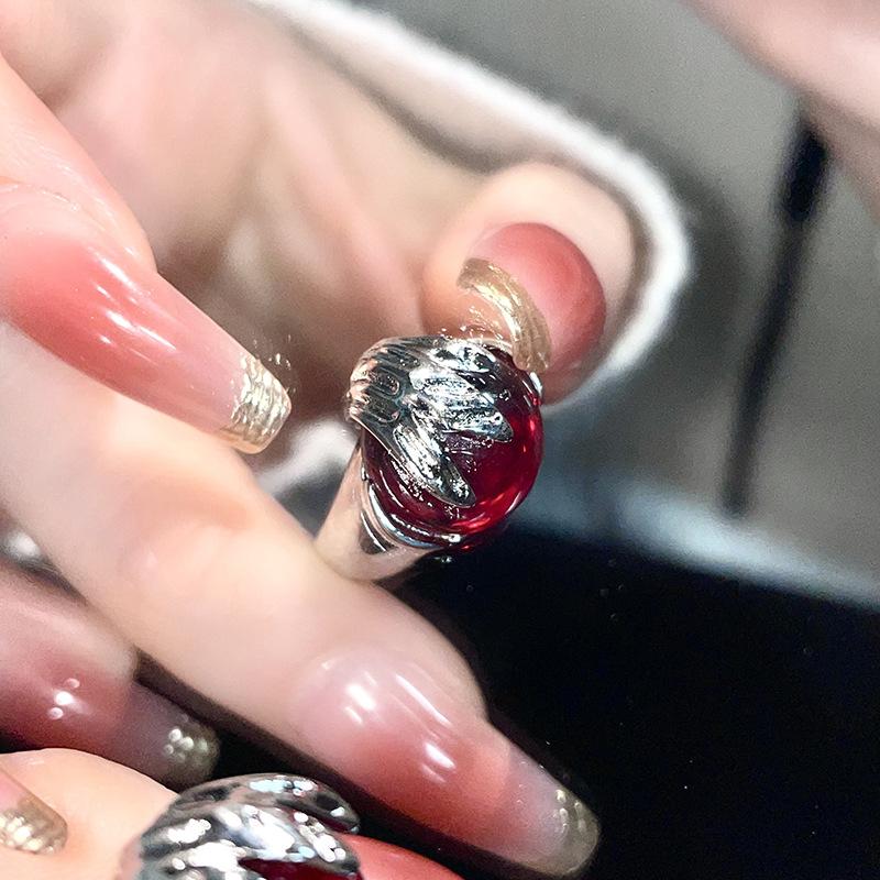 French Irregular Niche Design Personality High Sense Red Gem Open Ring Cold Wind Ring Female