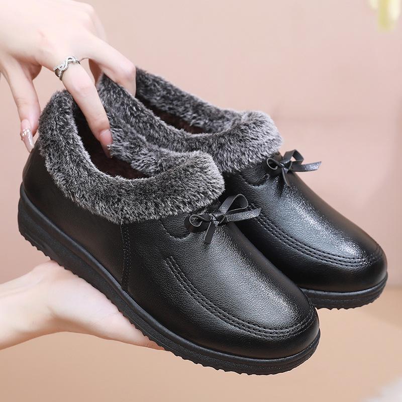 Shoes Cotton Shoes Winter Soft-soled Comfortable Leather Shoes Women's Middle-aged and Old Warm Shoes Non-slip Flat-soled Velvet Elderly Shoes Women