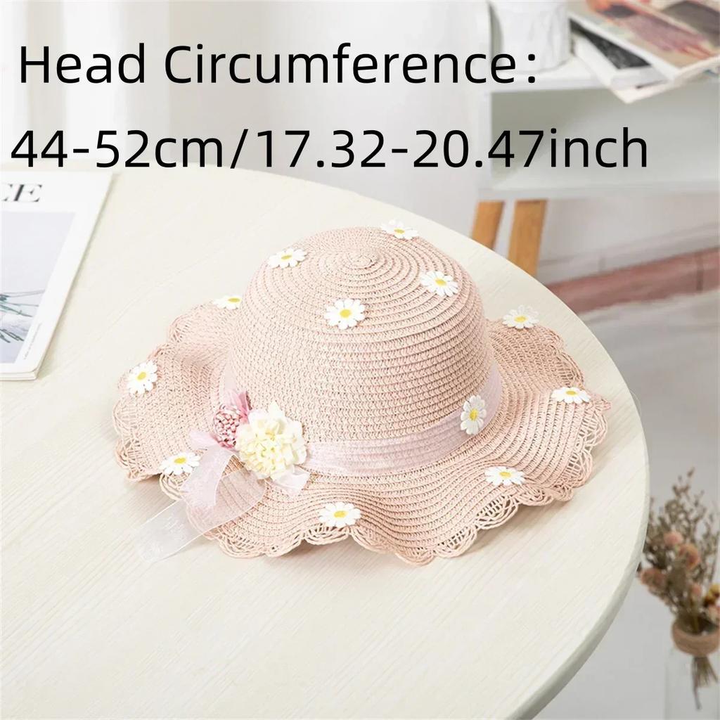 Girls' Straw Hat Bag Matching Travel Sun Hat Flower Children's Sun Hat Outdoor Fashion Fisherman Hat Sunscreen Hat Amagi