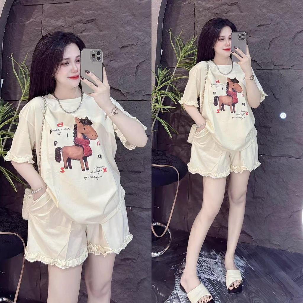 Cute Horse Print Women's Summer Two-Piece Suit: Loose Short Sleeve Top & Shorts