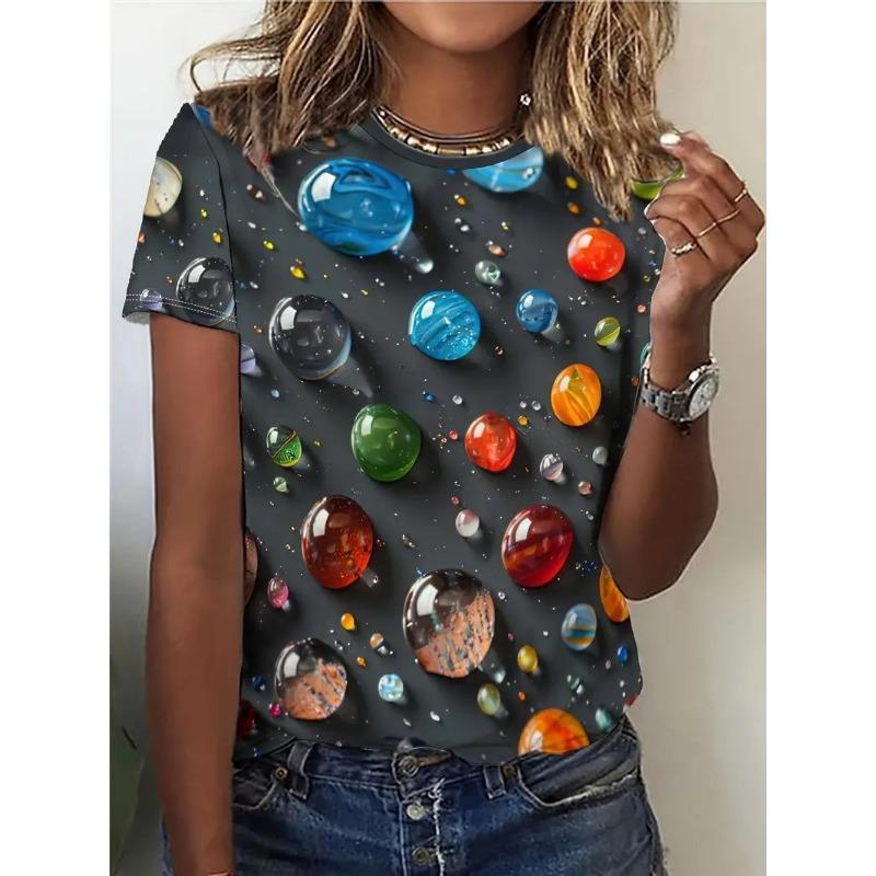 Summer Round Neck 3D Water Droplet Printed Top Fashionable Casual Short Sleeved Women's T-shirts