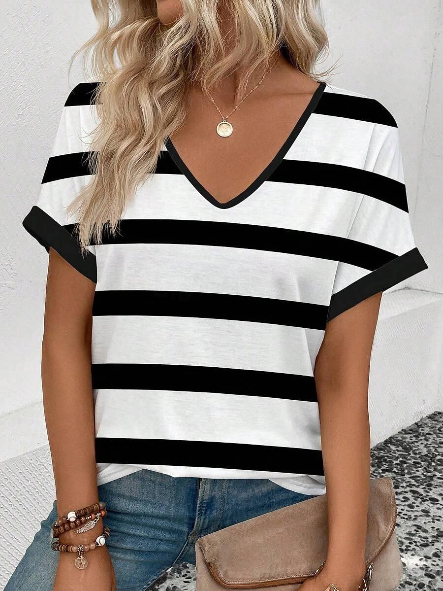 

Women s T Shirt Print Striped Heart Graphic Geometric Vintage Stylish Classic Short Sleeve V Neck Regular Tops S