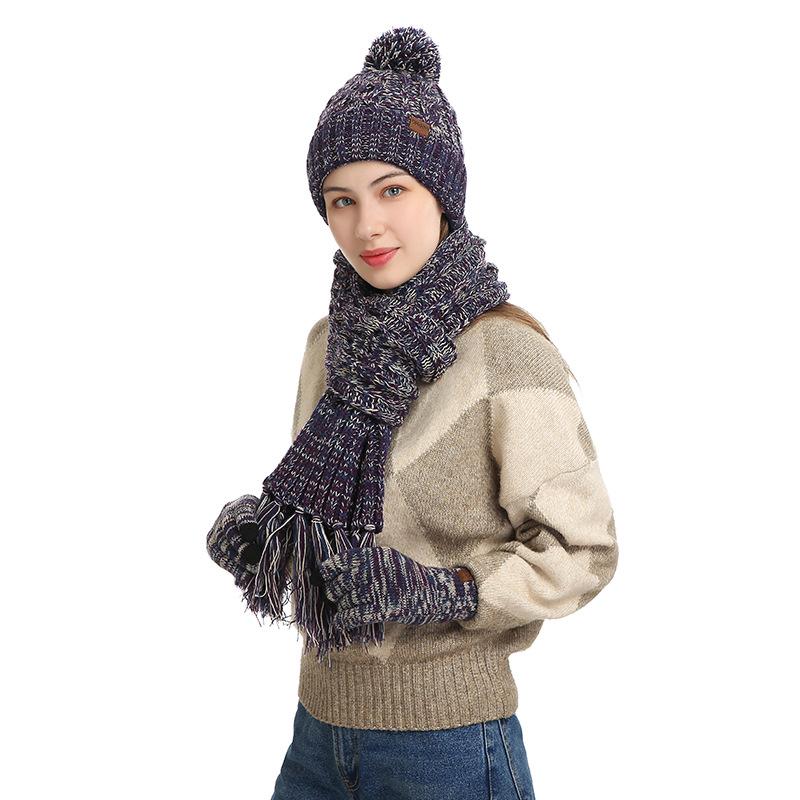 Winter Hat New Style Knitted Wool Colorful Hat Thick Scarf Gloves Three-piece Set