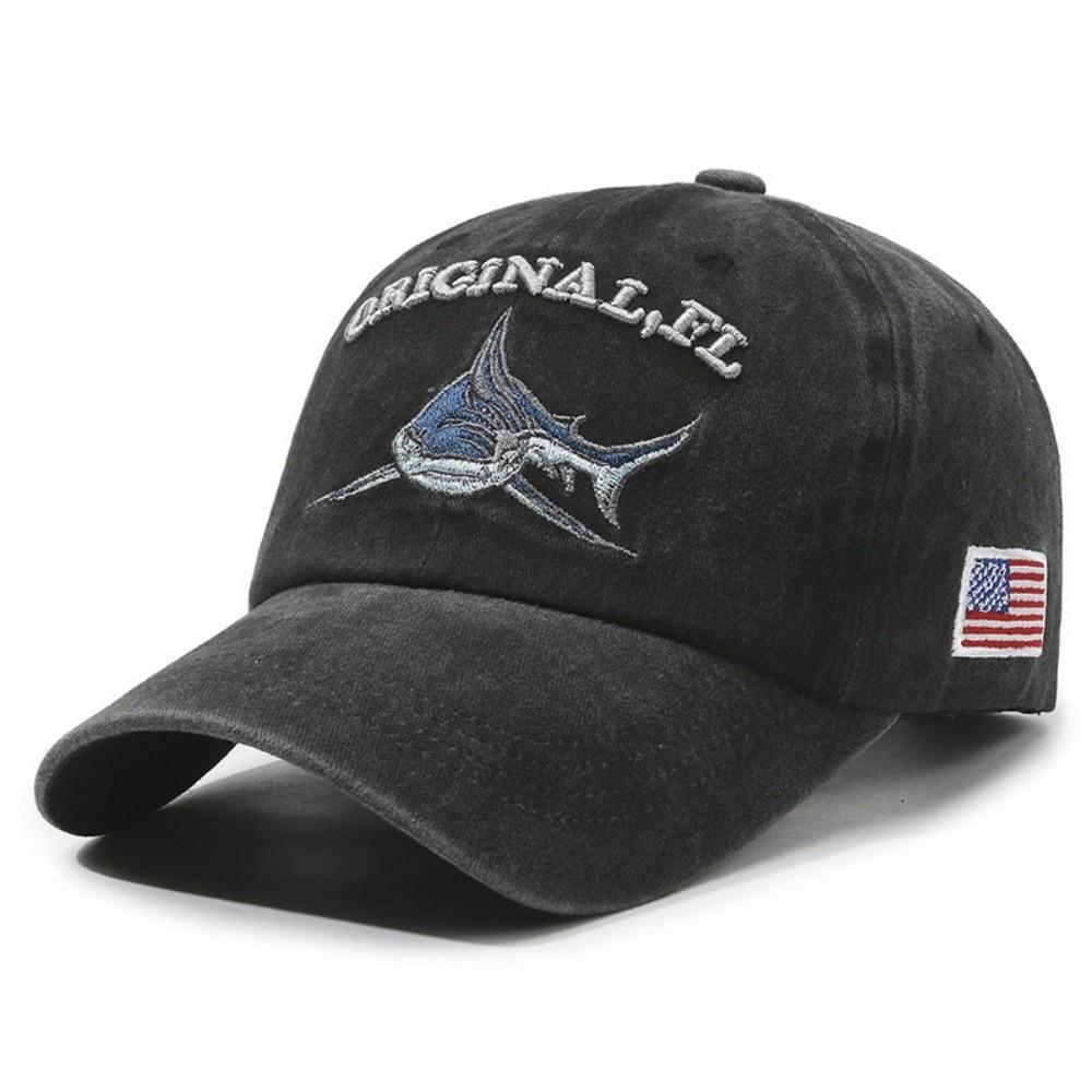 Washed Cotton Shark Embroidered Baseball Cap American Flag Patch Adjustable Distressed Baseball Cap Hip Hop Sunscreen Sun Hat