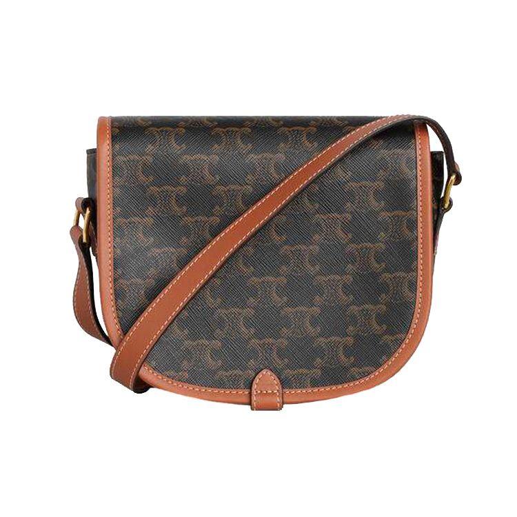 Celine Borsa a Sella Monogramma Folco Tracolla Regolabile Pelle Sintetica Rivestita e Pelle di Vacchetta Donna Tracolla Marrone 191502BZJ-04LU