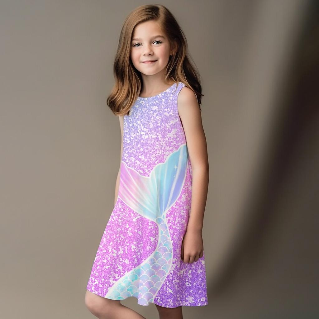 Girls' Dress Sleeveless 3D Shiny Fish Tail Print Summer Spring Daily Cute Casual Sweet Kids A Line Dress Tank Dress Sleeping Good Night Dress
