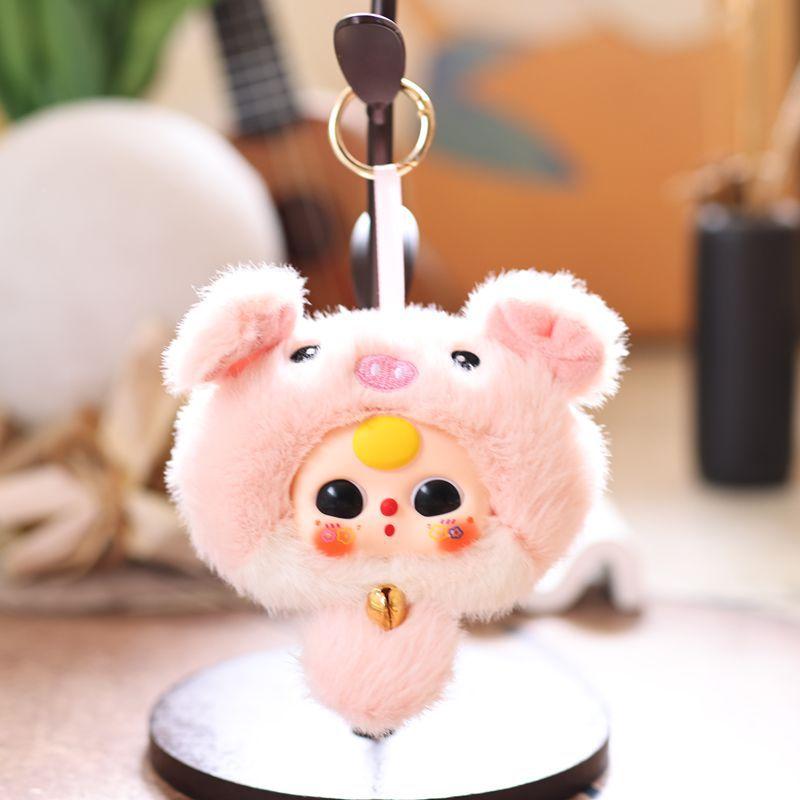 Baby Three Animal Series Keychain Kawaii PVC Plush Bag Charm Lovely Raccoon Rabbit Doll for Kids Christmas Gifts Party Favors