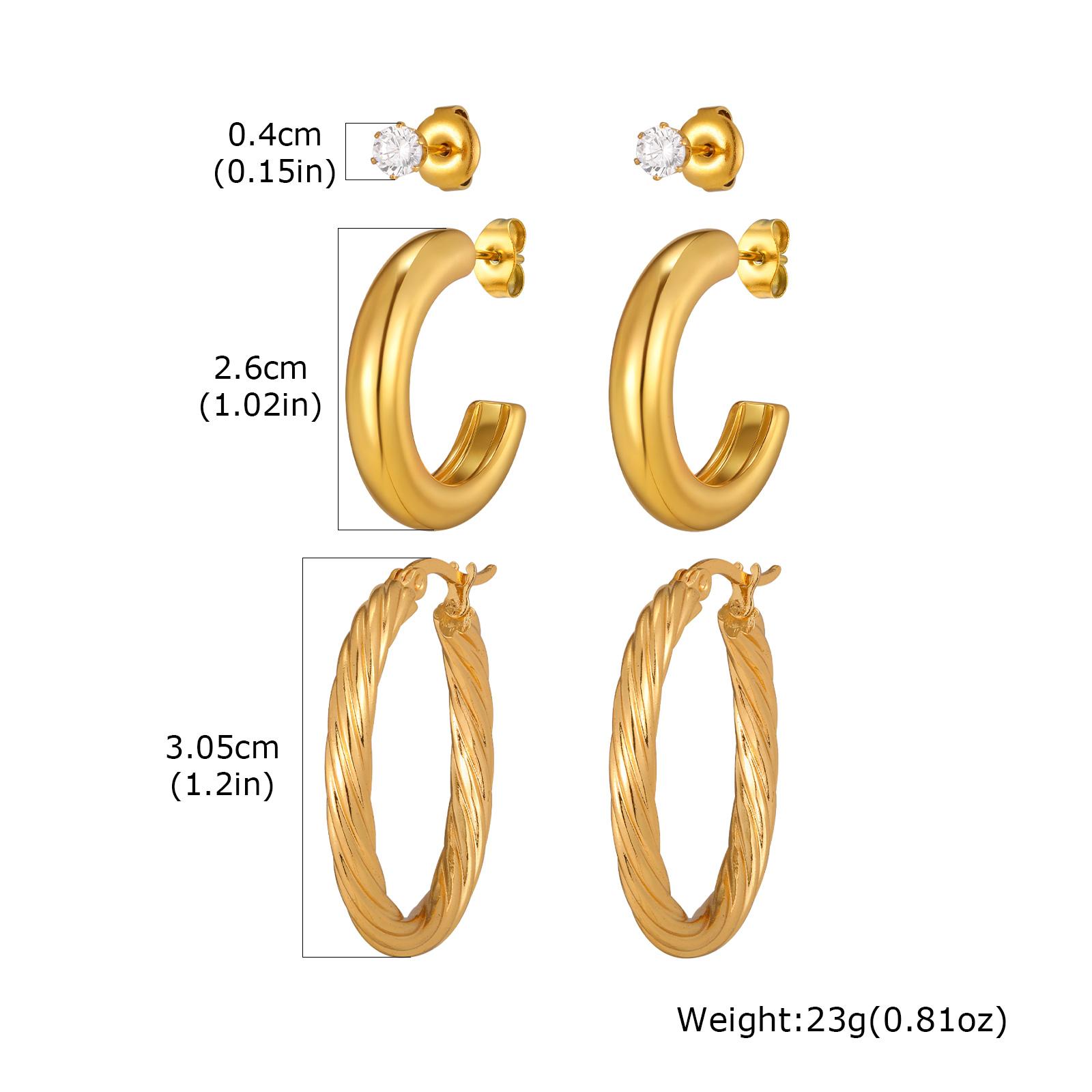 

3pcs Set Stainless Steel Twists Texture Large Hoop Earrings for Women, Gold Plated Cubic Zircon Stud Earrings, Fashion Jewelry