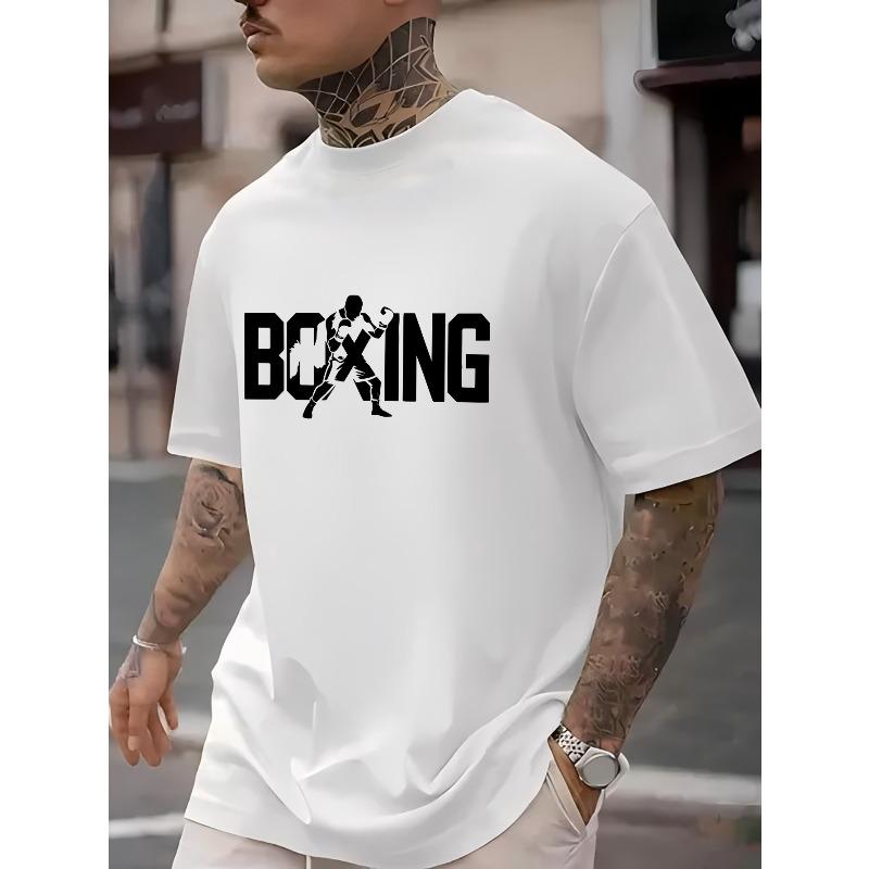 European Sizes Men's Big & Tall Boxing Print T-Shirts - Loose Fit Short Sleeve Casual Shirts with Boxer, Breathable