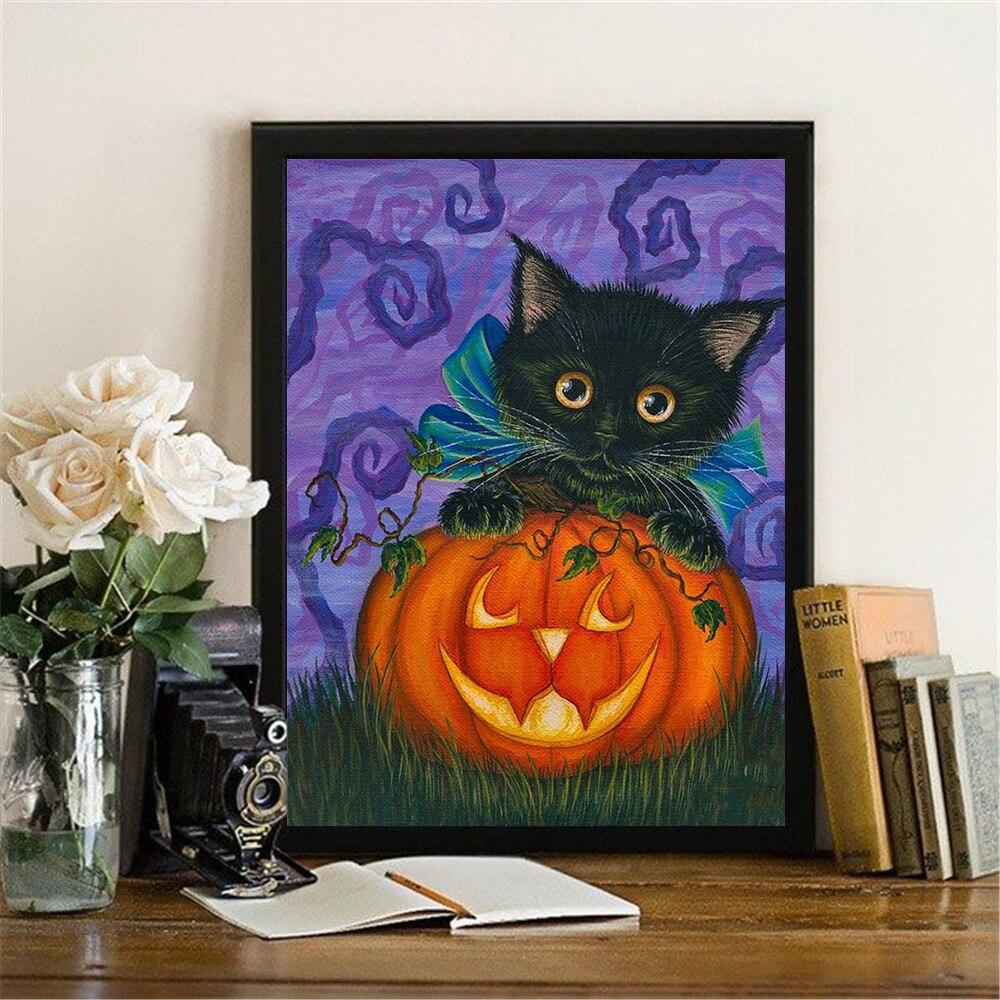 5D DIY diamantová malba kočka Diamantové vyšívání Zvířecí mozaika Dýňová ruční výroba drahokamy sada Halloween dekorace