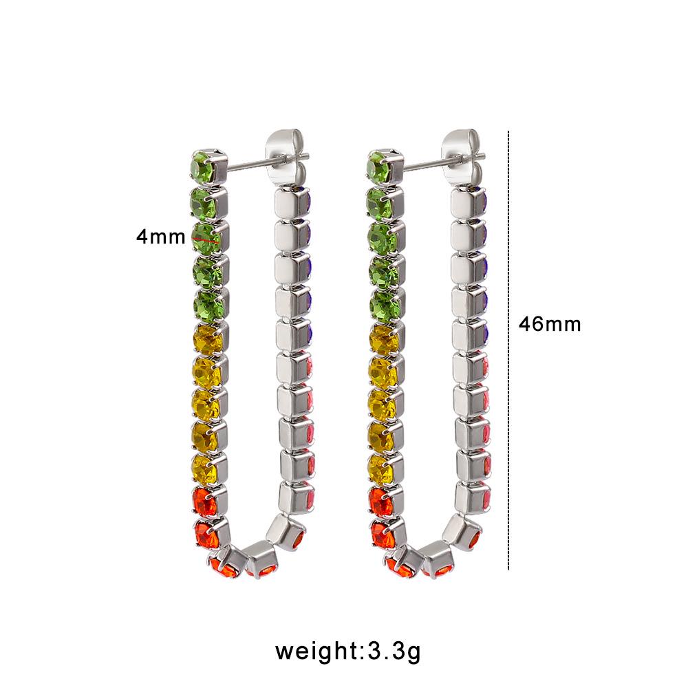 Meishiduo 18K Gold-Plated Stainless Steel U-Shaped Earrings with Colorful Zirconia Claw Chain