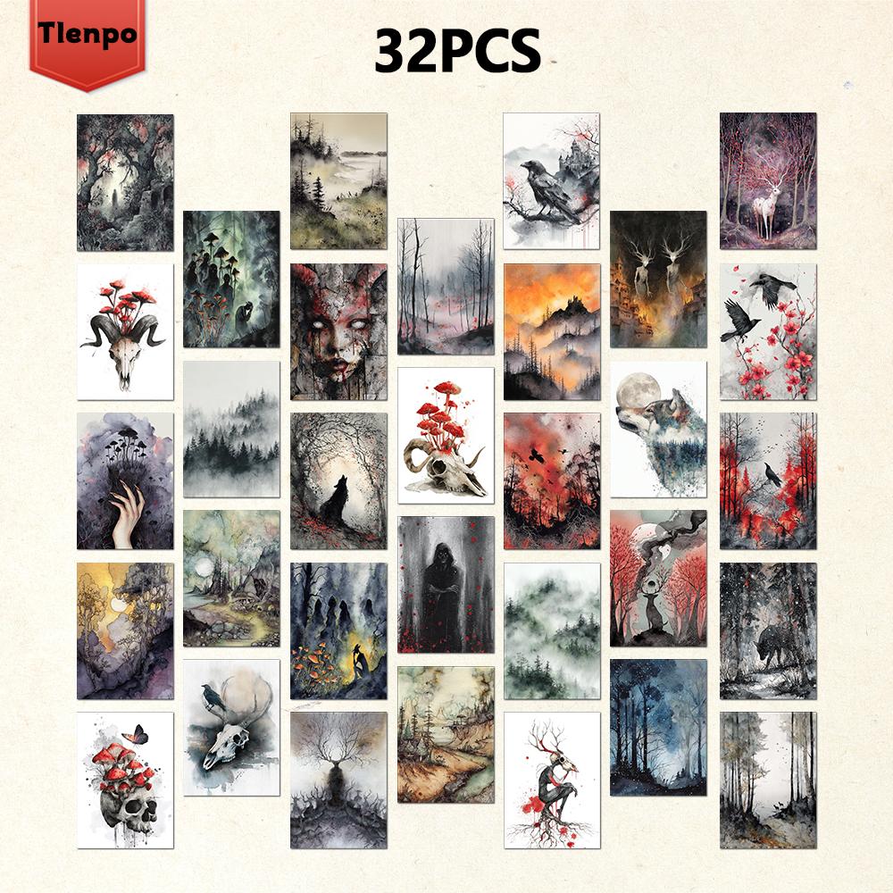 

32 шт., Хоррор акварельная открытка, Абстрактное искусство, Подарок на день рождения/юбилей, Коллекционный, Подходит для дарения, Можно отправить по почте