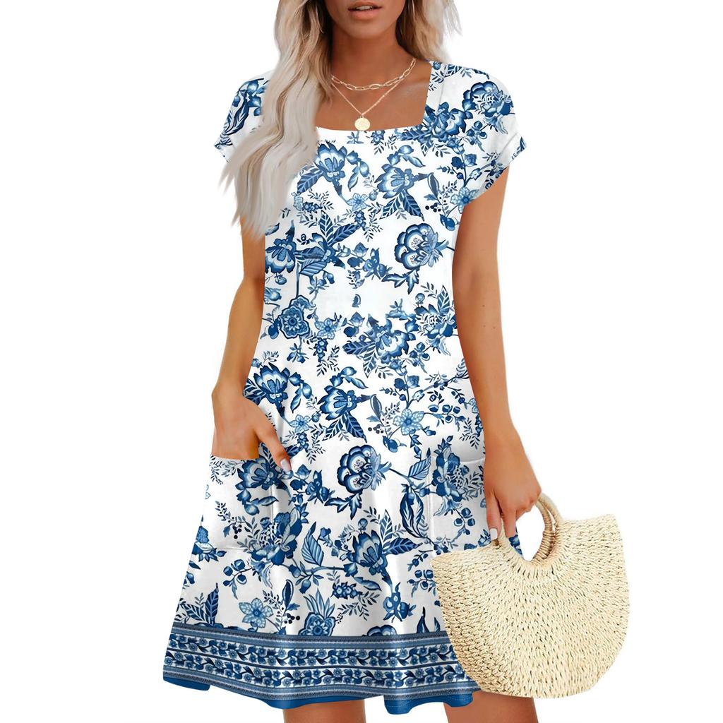 Summer Dresses For Women Loose Square Neck Cap Sleeve Casual Beach Vacation Tshirt Dress Sundresses With Pockets