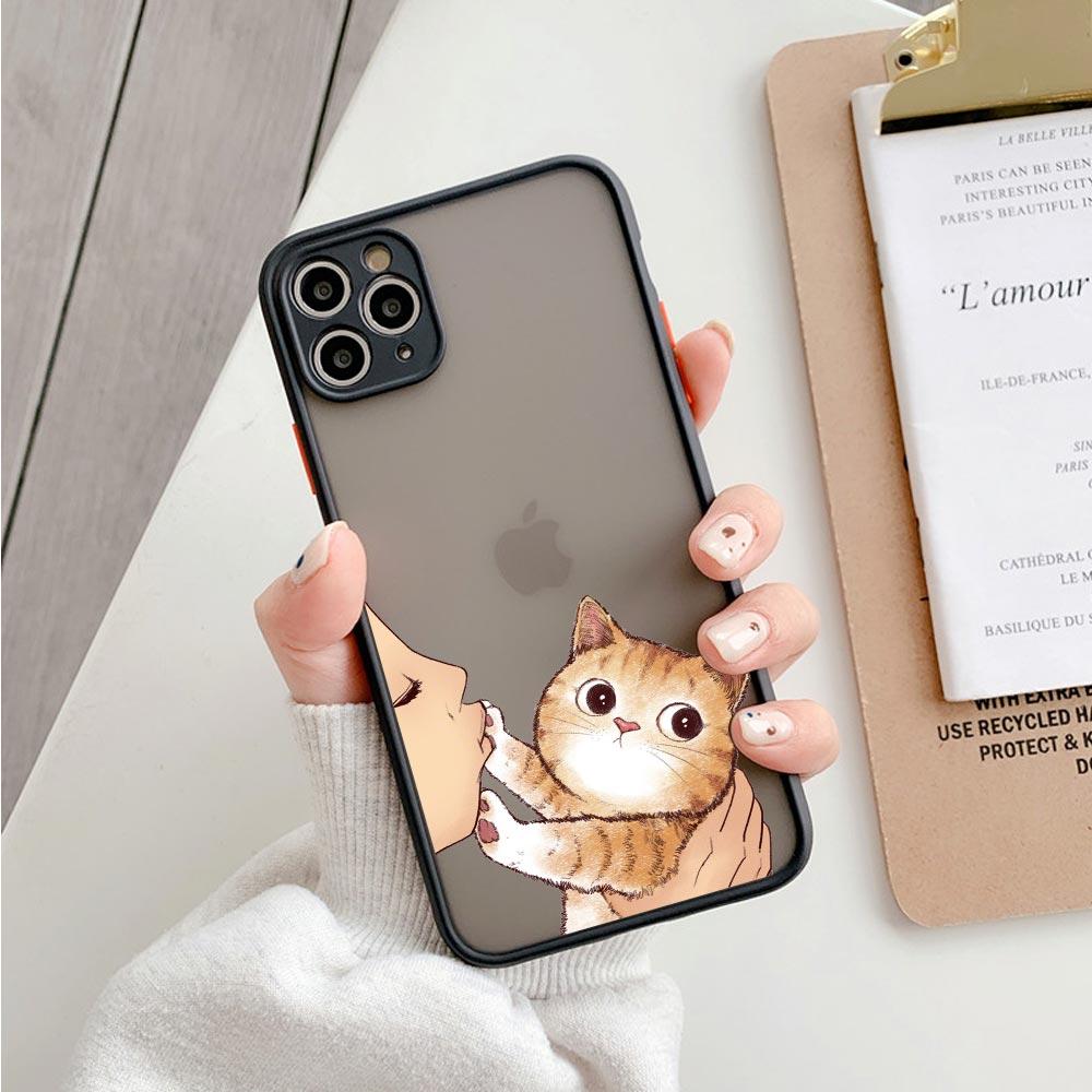 Cute Shockproof Translucent Matte Phone Case For Iphone 11 12 13 Pro Max Mini 7 Plus XR X S Cover Lovely Cat Kiss Refuse To Kiss