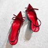 French Burgundy One-word High Heels, Bow 2025 New Models, Beautiful Outer Wear, Pointed Head, Thin Heel, Bag Head, Sandals Women