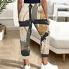 Women Plus Size Printed Jogger Pants Dark Navy Gold Pattern Drawstring Waist Side Pockets Cuffed Ankle