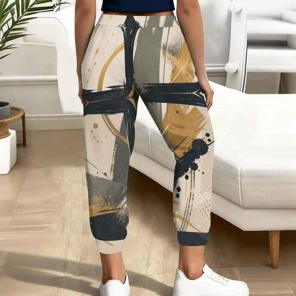 Women Plus Size Printed Jogger Pants Dark Navy Gold Pattern Drawstring Waist Side Pockets Cuffed Ankle