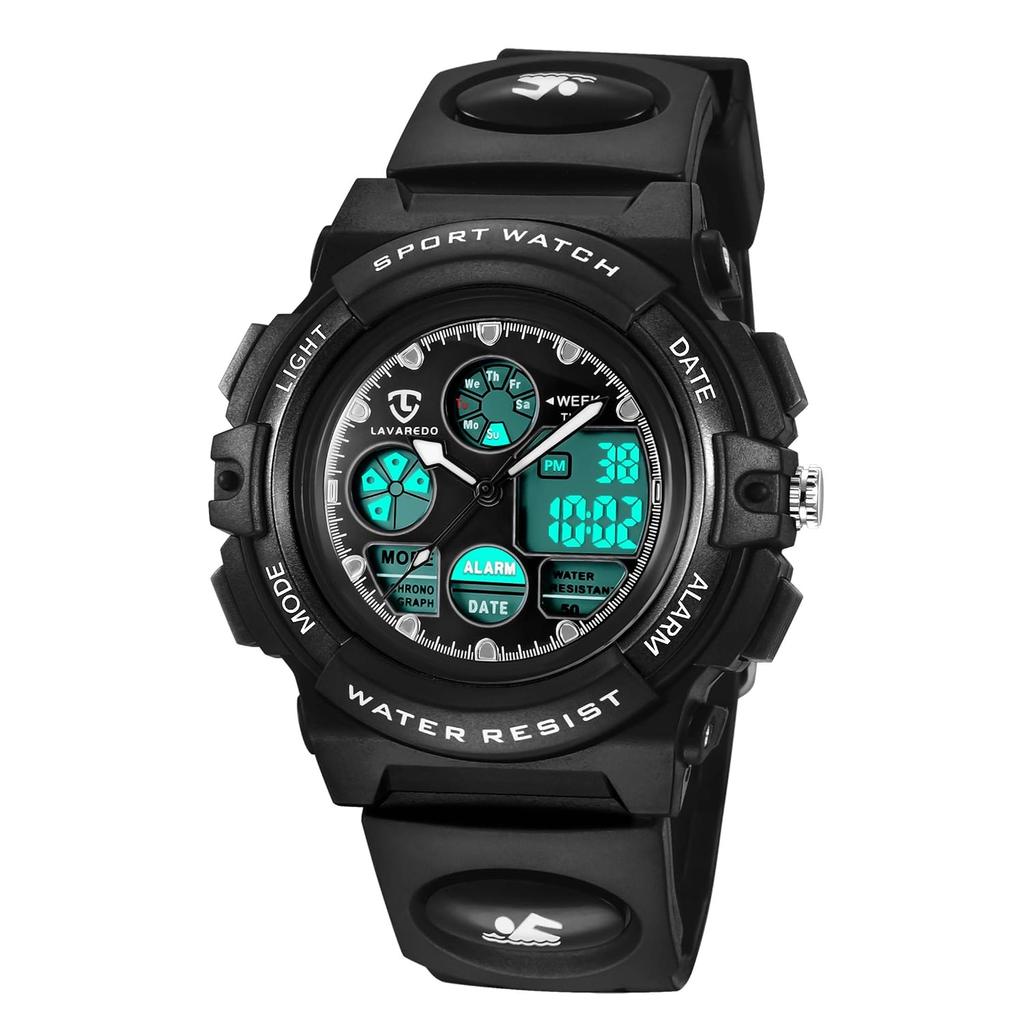Childrens wristwatch boys sports watch outdoor multifunctional 50m waterproof alarm date day display dual time LED analog digital (black)