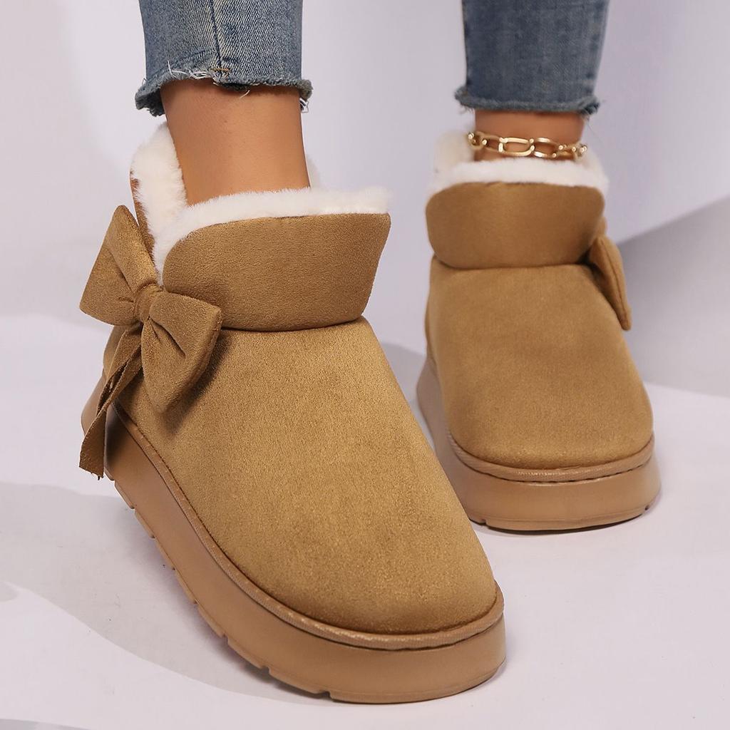 Cozy Plush-Lined Winter Snow Boots for Men and Women - Elegant Bow Detail, Soft Sole, Indoor/Outdoor Fashion Slippers