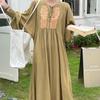 Sommer Vintage Art Lockeres Langes Kleid Langärmliges Besticktes Kleid mit Rundhalsausschnitt
