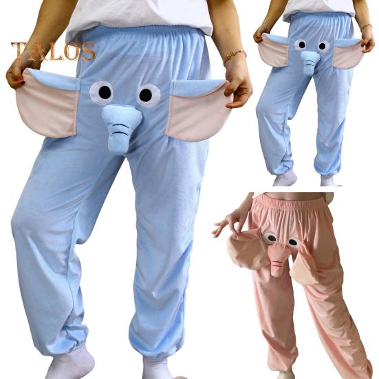 Calças de pijama com estampa de elefante de desenho animado, pernas largas, design feminino, masculino, calças de salão, cós elástico, cintura média, calças de pijama