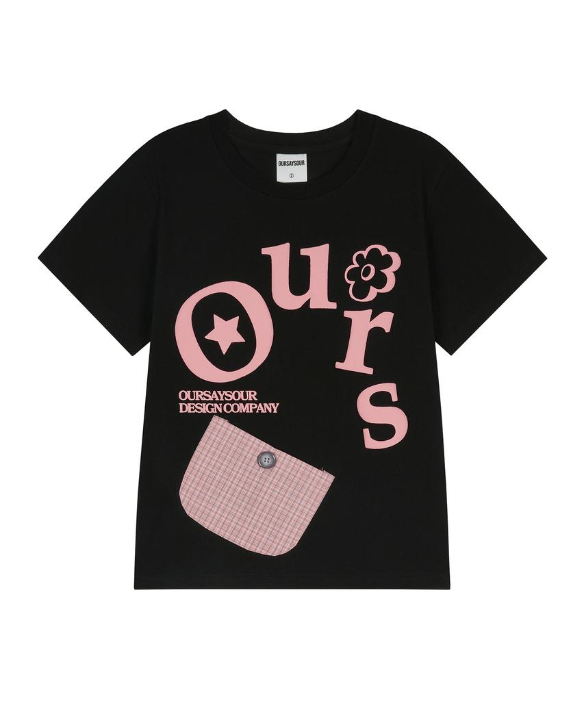 Awoseiawo Check Pocket Contrast Crop Short Sleeve Tee Black