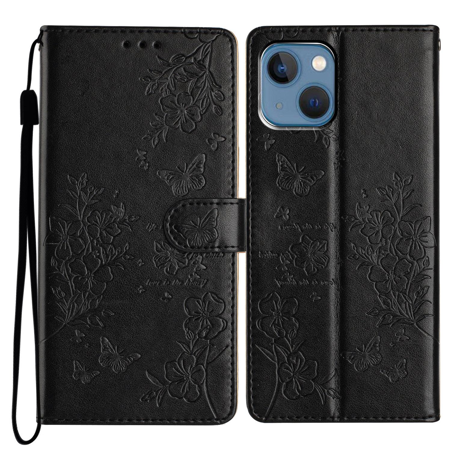 

For iPhone 14 Shockproof Case Butterfly Floral Imprint Leather Wallet Phone Cover Black