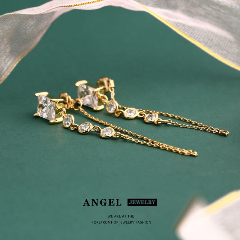 

Zircon Copper Inlaid Fine Chain Earrings, S925 Silver, Women s Light Luxury Cold Style