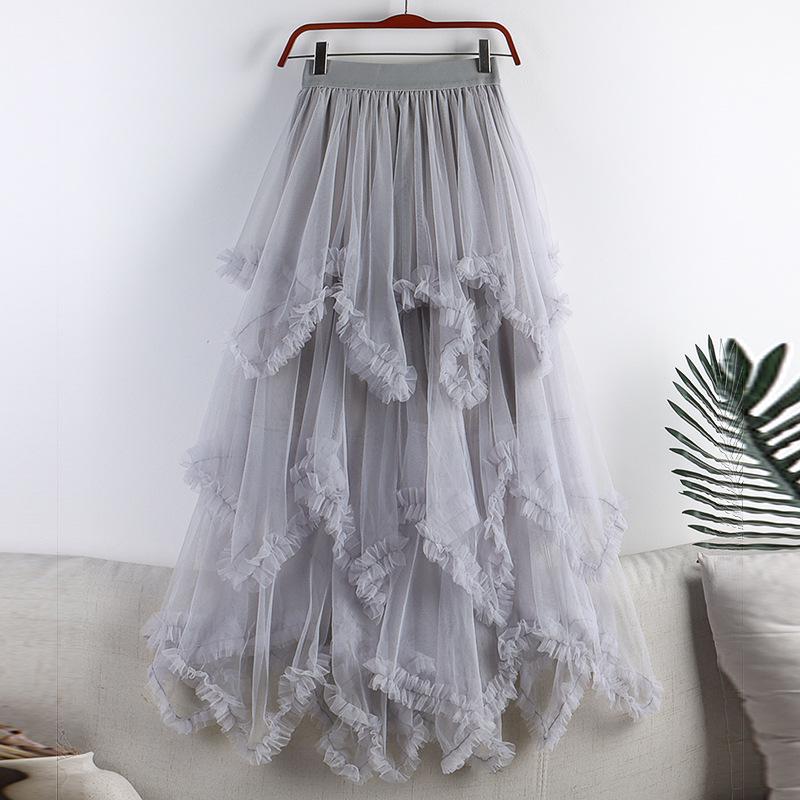 2026 Spring-Summer Women's High-Waisted Irregular Mesh Ruffle Layered Long Skirt